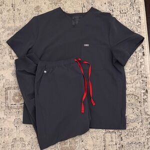 Figs Navy Scrub Set with Red Drawcord